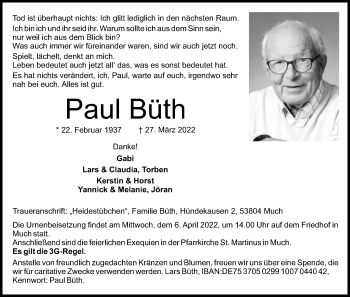 Anzeige von Paul Büth von Kölner Stadt-Anzeiger / Kölnische Rundschau / Express