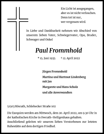 Anzeige von Paul Frommhold von Kölner Stadt-Anzeiger / Kölnische Rundschau / Express