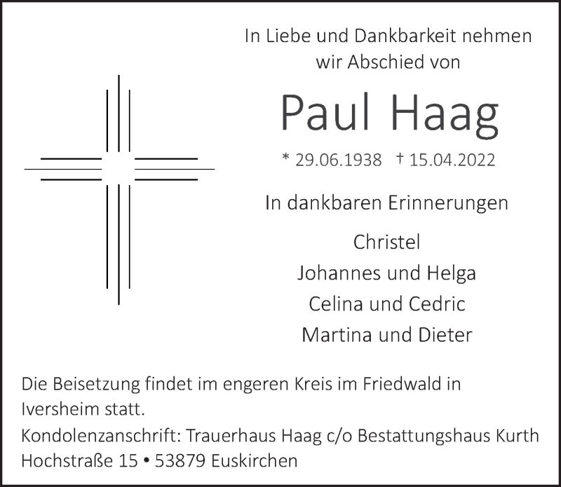  Traueranzeige für Paul Haag vom 30.04.2022 aus  Blickpunkt Euskirchen 