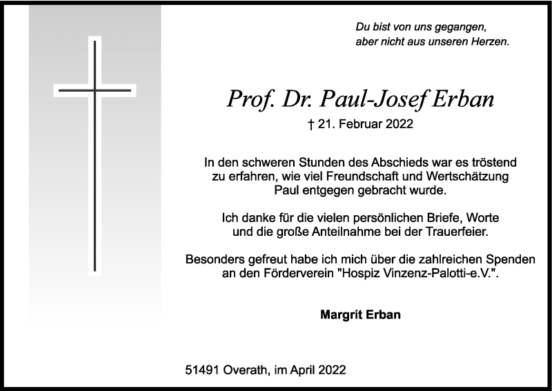  Traueranzeige für Paul-Josef Erban vom 09.04.2022 aus Kölner Stadt-Anzeiger / Kölnische Rundschau / Express