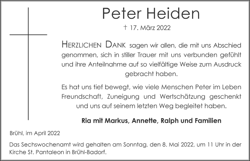  Traueranzeige für Peter Heiden vom 14.04.2022 aus  Schlossbote/Werbekurier 