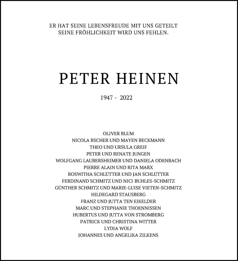  Traueranzeige für Peter Heinen vom 23.04.2022 aus Kölner Stadt-Anzeiger / Kölnische Rundschau / Express