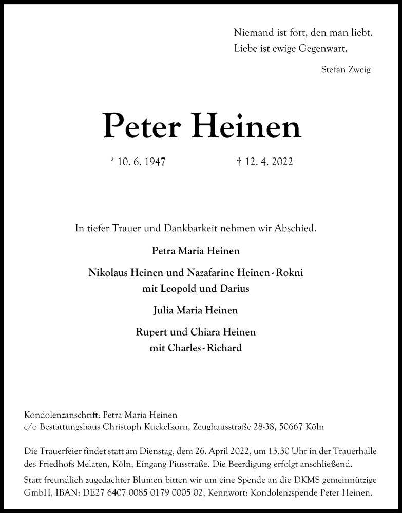  Traueranzeige für Peter Heinen vom 23.04.2022 aus Kölner Stadt-Anzeiger / Kölnische Rundschau / Express