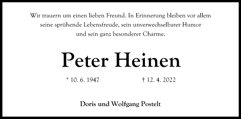  Traueranzeige für Peter Heinen vom 23.04.2022 aus Kölner Stadt-Anzeiger / Kölnische Rundschau / Express