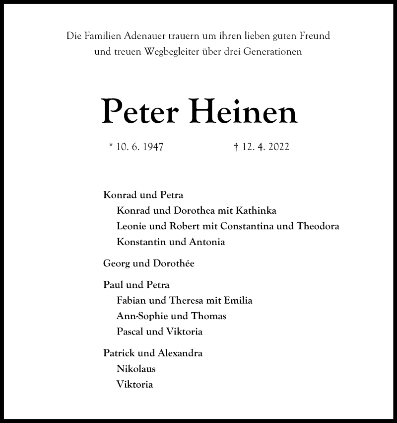  Traueranzeige für Peter Heinen vom 23.04.2022 aus Kölner Stadt-Anzeiger / Kölnische Rundschau / Express