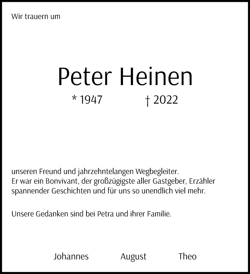  Traueranzeige für Peter Heinen vom 23.04.2022 aus Kölner Stadt-Anzeiger / Kölnische Rundschau / Express