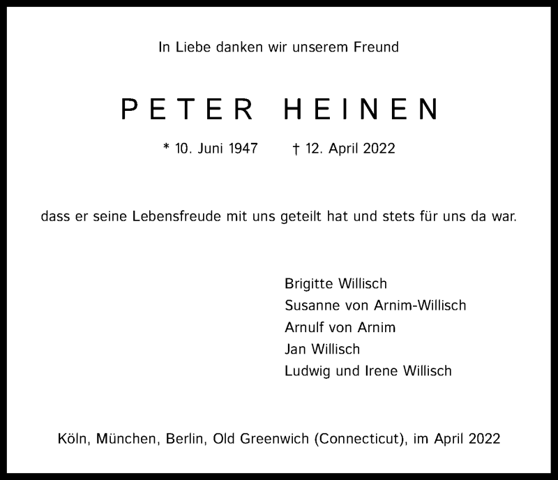  Traueranzeige für Peter Heinen vom 23.04.2022 aus Kölner Stadt-Anzeiger / Kölnische Rundschau / Express