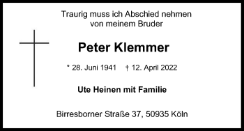 Anzeige von Peter Klemmer von Kölner Stadt-Anzeiger / Kölnische Rundschau / Express