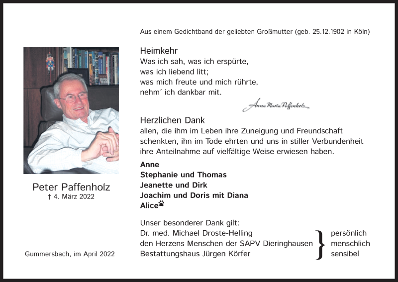  Traueranzeige für Peter Paffenholz vom 30.04.2022 aus Kölner Stadt-Anzeiger / Kölnische Rundschau / Express