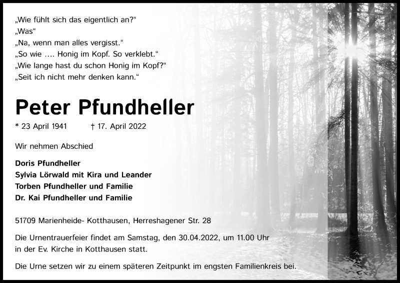  Traueranzeige für Peter Pfundheller vom 23.04.2022 aus Kölner Stadt-Anzeiger / Kölnische Rundschau / Express