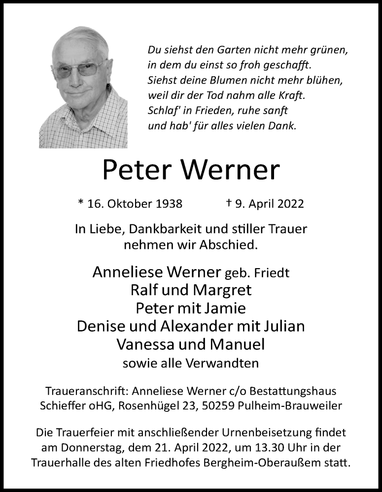  Traueranzeige für Peter Werner vom 16.04.2022 aus Kölner Stadt-Anzeiger / Kölnische Rundschau / Express
