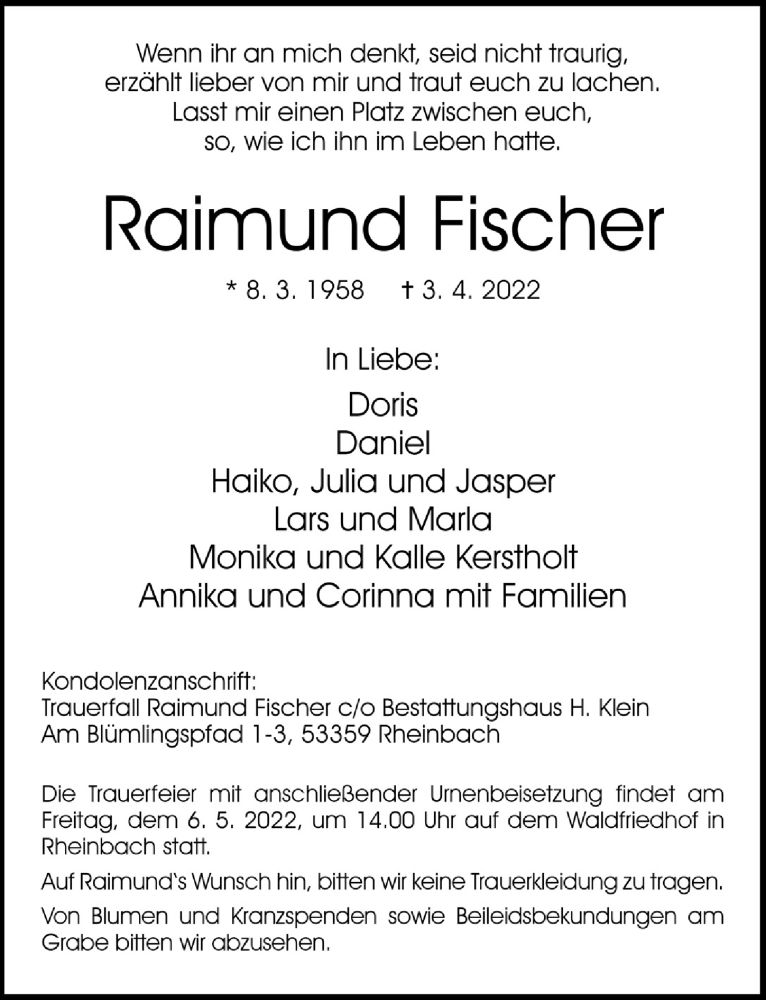  Traueranzeige für Raimund Fischer vom 22.04.2022 aus  Schaufenster/Blickpunkt 