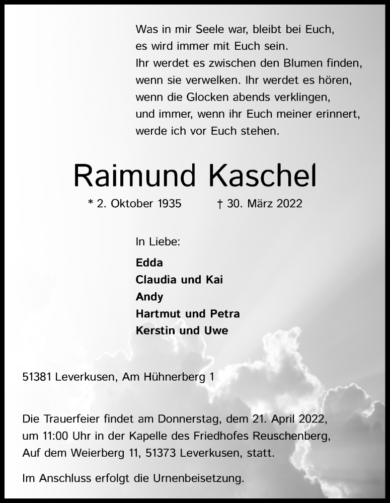  Traueranzeige für Raimund Kaschel vom 16.04.2022 aus Kölner Stadt-Anzeiger / Kölnische Rundschau / Express