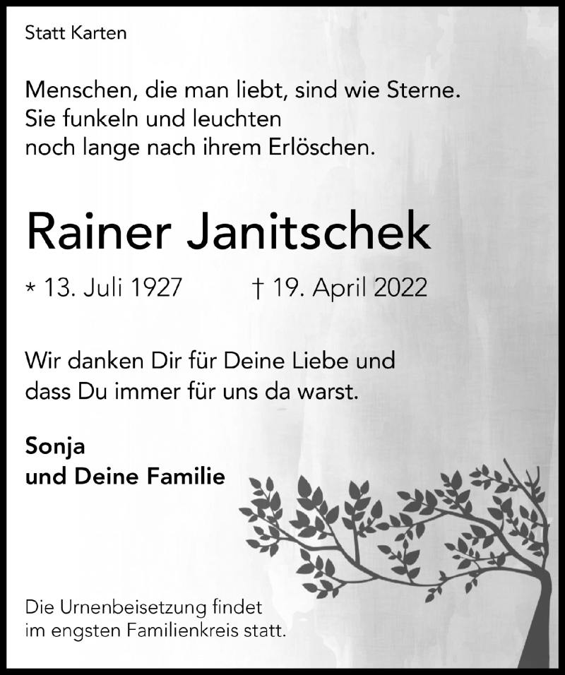  Traueranzeige für Rainer Janitschek vom 29.04.2022 aus  Bergisches Handelsblatt 
