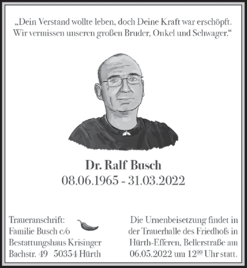  Traueranzeige für Ralf Busch vom 29.04.2022 aus  Wochenende 