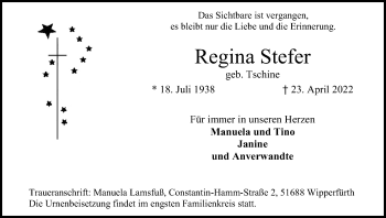 Anzeige von Regina Stefer von Kölner Stadt-Anzeiger / Kölnische Rundschau / Express