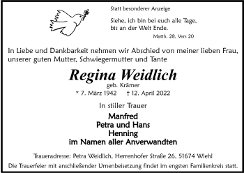 Anzeige von Regina Weidlich von Kölner Stadt-Anzeiger / Kölnische Rundschau / Express