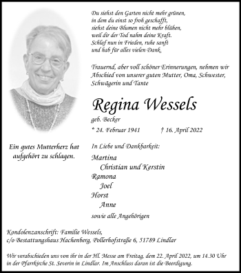 Anzeige von Regina Wessels von Kölner Stadt-Anzeiger / Kölnische Rundschau / Express