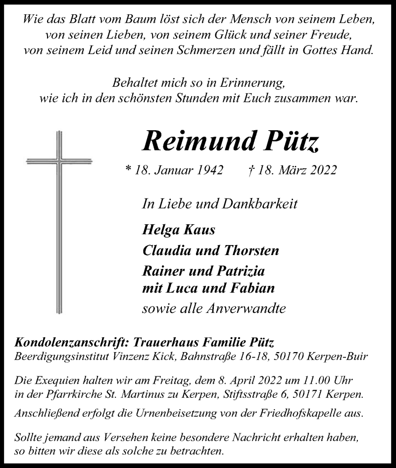  Traueranzeige für Reimund Pütz vom 02.04.2022 aus Kölner Stadt-Anzeiger / Kölnische Rundschau / Express