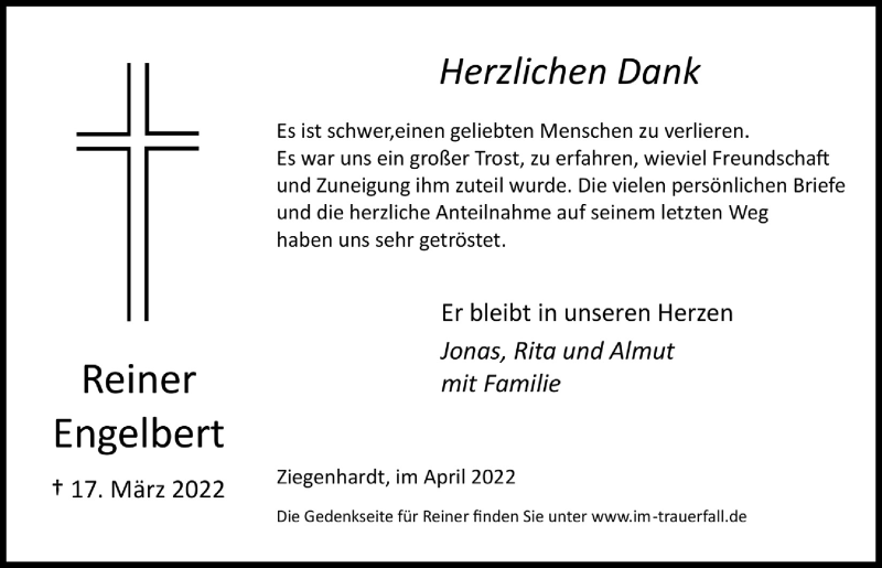  Traueranzeige für Reiner Engelbert vom 29.04.2022 aus  Lokalanzeiger 