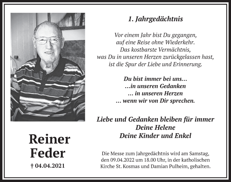 Traueranzeige für Reiner Feder vom 08.04.2022 aus  Wochenende 