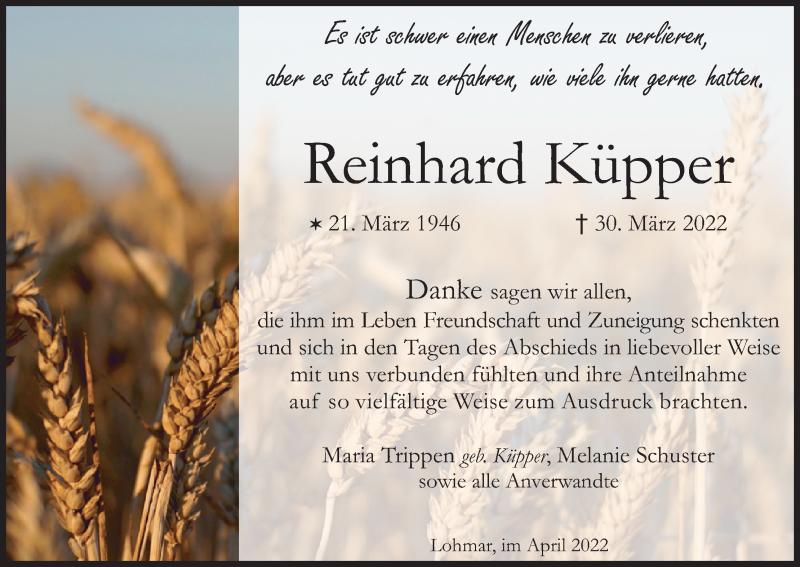  Traueranzeige für Reinhard Küpper vom 30.04.2022 aus Kölner Stadt-Anzeiger / Kölnische Rundschau / Express
