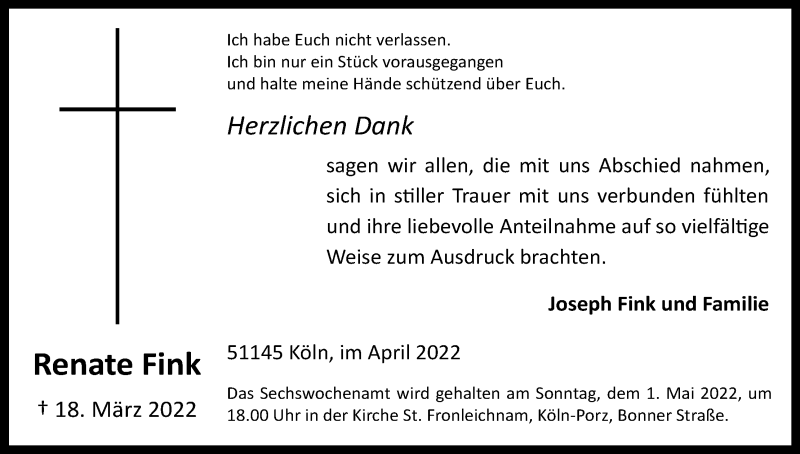  Traueranzeige für Renate Fink vom 09.04.2022 aus Kölner Stadt-Anzeiger / Kölnische Rundschau / Express