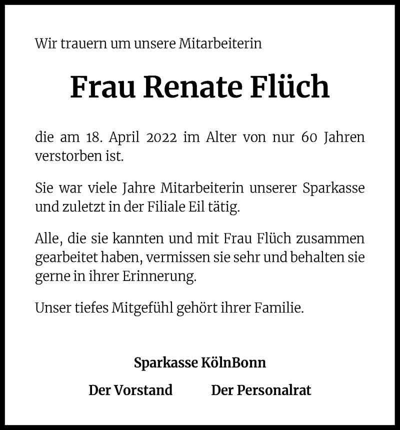  Traueranzeige für Renate Flüch vom 23.04.2022 aus Kölner Stadt-Anzeiger / Kölnische Rundschau / Express