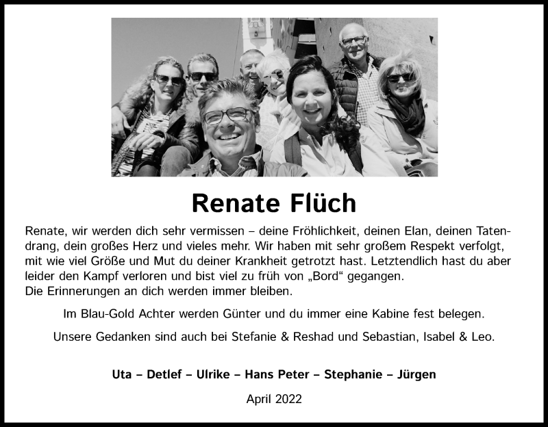  Traueranzeige für Renate Flüch vom 23.04.2022 aus Kölner Stadt-Anzeiger / Kölnische Rundschau / Express