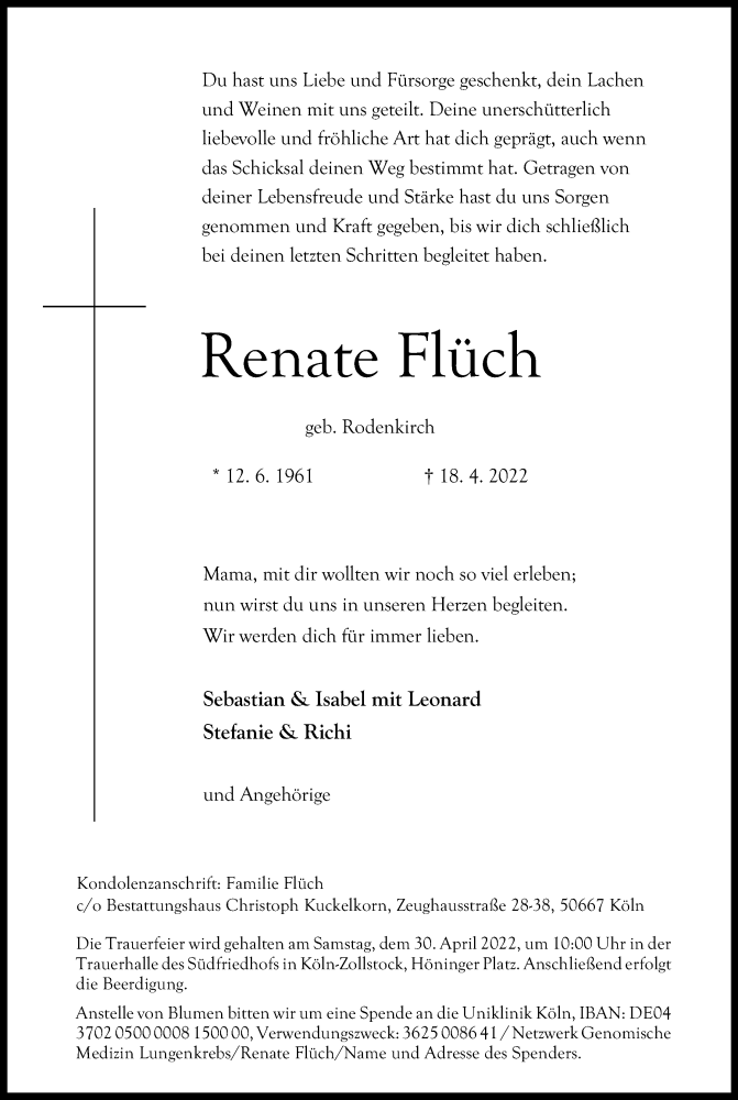  Traueranzeige für Renate Flüch vom 23.04.2022 aus Kölner Stadt-Anzeiger / Kölnische Rundschau / Express