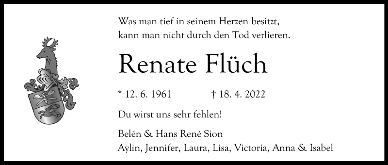  Traueranzeige für Renate Flüch vom 23.04.2022 aus Kölner Stadt-Anzeiger / Kölnische Rundschau / Express