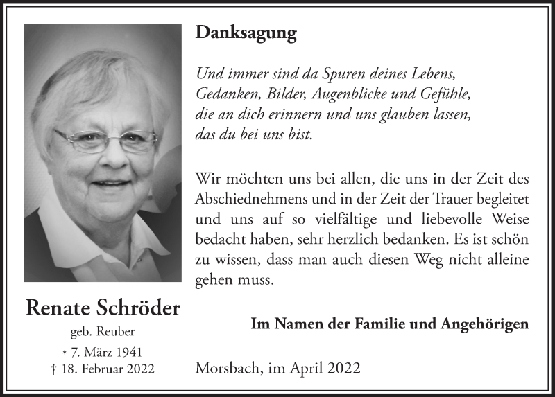  Traueranzeige für Renate Schröder vom 14.04.2022 aus  Lokalanzeiger 