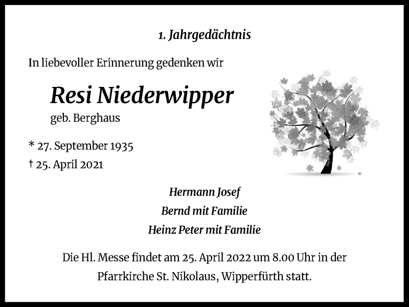  Traueranzeige für Resi Niederwipper vom 16.04.2022 aus Kölner Stadt-Anzeiger / Kölnische Rundschau / Express