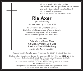 Anzeige von Ria Axer von  Werbepost 