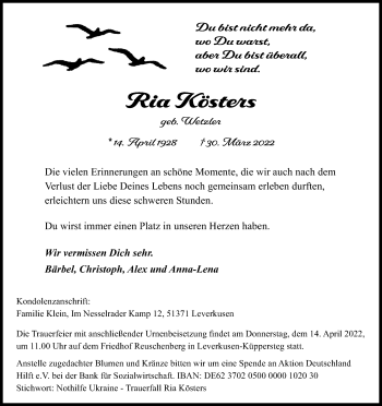 Anzeige von Ria Kösters von Kölner Stadt-Anzeiger / Kölnische Rundschau / Express