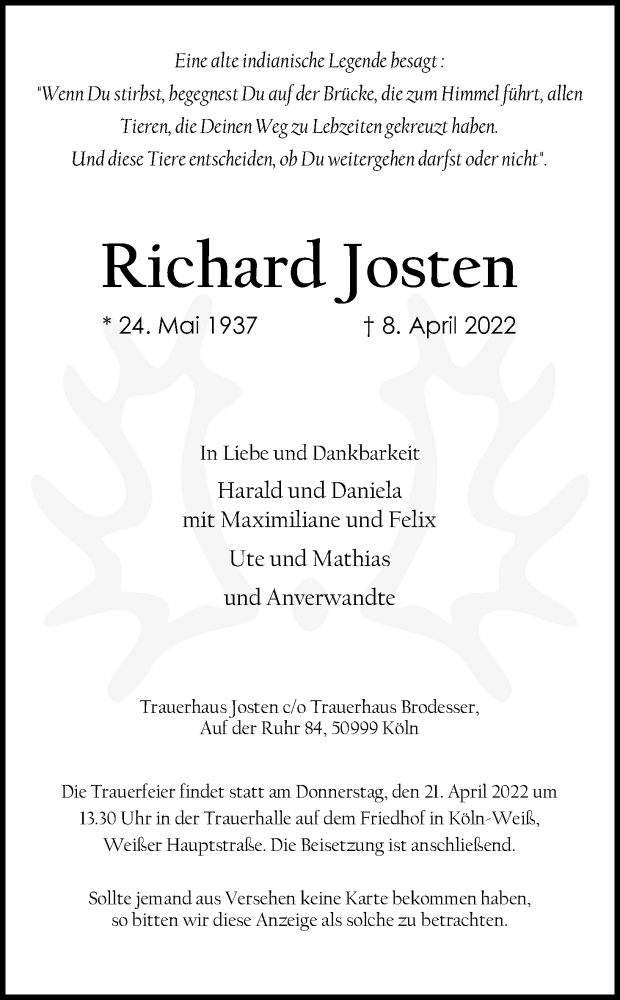  Traueranzeige für Richard Dosten vom 16.04.2022 aus Kölner Stadt-Anzeiger / Kölnische Rundschau / Express