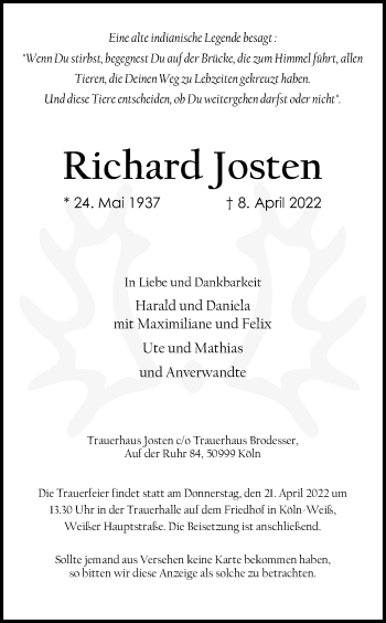 Anzeige von Richard Dosten von Kölner Stadt-Anzeiger / Kölnische Rundschau / Express