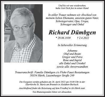 Anzeige von Richard Dümbgen von  Wochenende 