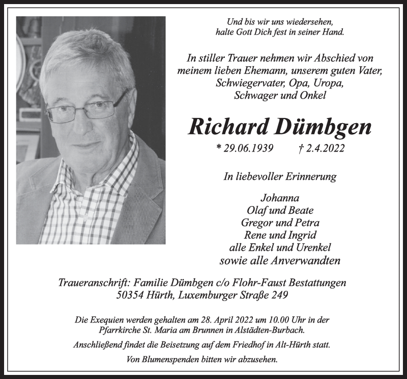  Traueranzeige für Richard Dümbgen vom 22.04.2022 aus  Wochenende 