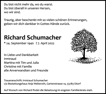 Anzeige von Richard Schumacher von Kölner Stadt-Anzeiger / Kölnische Rundschau / Express