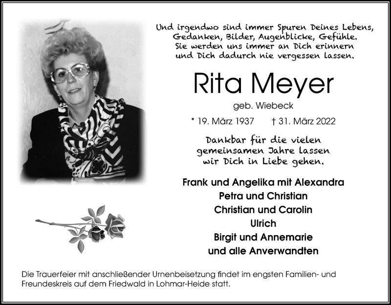  Traueranzeige für Rita Meyer vom 23.04.2022 aus Kölner Stadt-Anzeiger / Kölnische Rundschau / Express