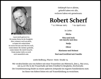 Anzeige von Robert Scherf von Kölner Stadt-Anzeiger / Kölnische Rundschau / Express