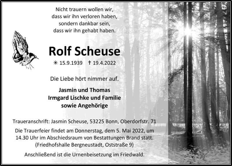  Traueranzeige für Rolf Scheuse vom 29.04.2022 aus  Anzeigen Echo 