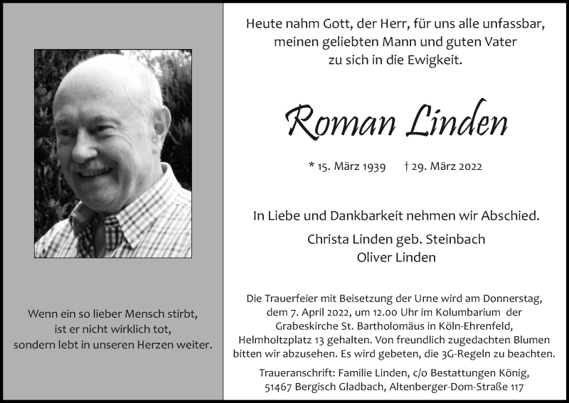  Traueranzeige für Roman Linden vom 02.04.2022 aus Kölner Stadt-Anzeiger / Kölnische Rundschau / Express