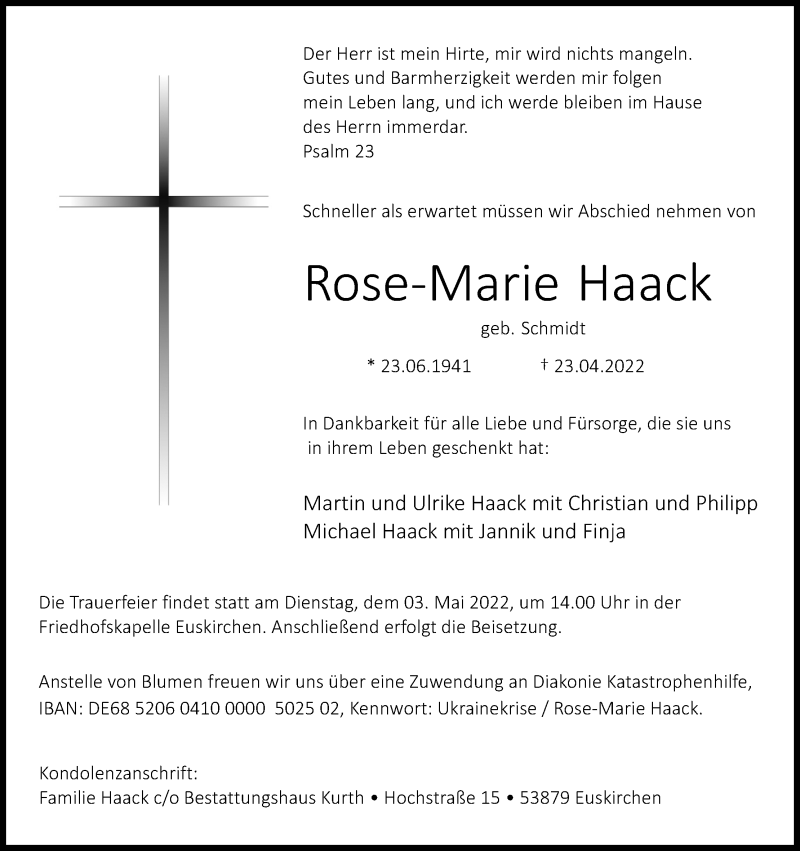  Traueranzeige für Rose-Marie Haack vom 30.04.2022 aus Kölner Stadt-Anzeiger / Kölnische Rundschau / Express