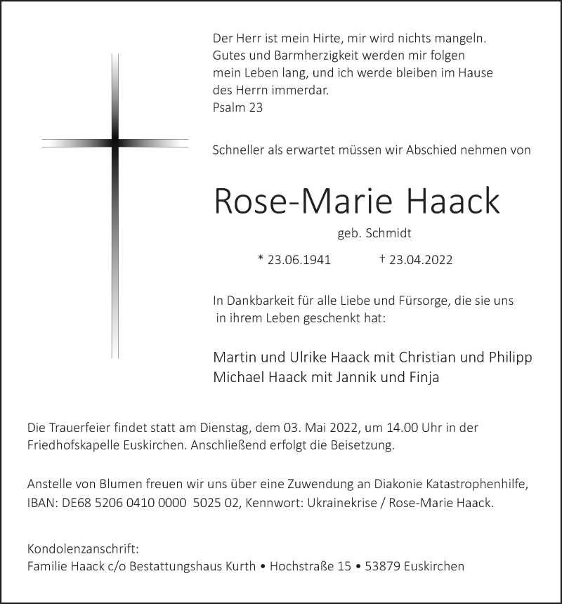  Traueranzeige für Rose-Marie Haack vom 30.04.2022 aus  Blickpunkt Euskirchen 