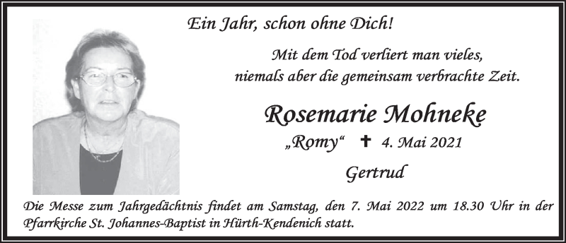  Traueranzeige für Rosemarie Mohneke vom 29.04.2022 aus  Wochenende 