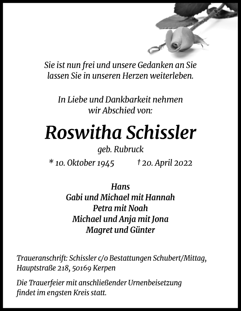 Traueranzeige für Roswitha Schissler vom 30.04.2022 aus Kölner Stadt-Anzeiger / Kölnische Rundschau / Express