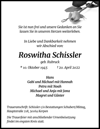 Anzeige von Roswitha Schissler von Kölner Stadt-Anzeiger / Kölnische Rundschau / Express