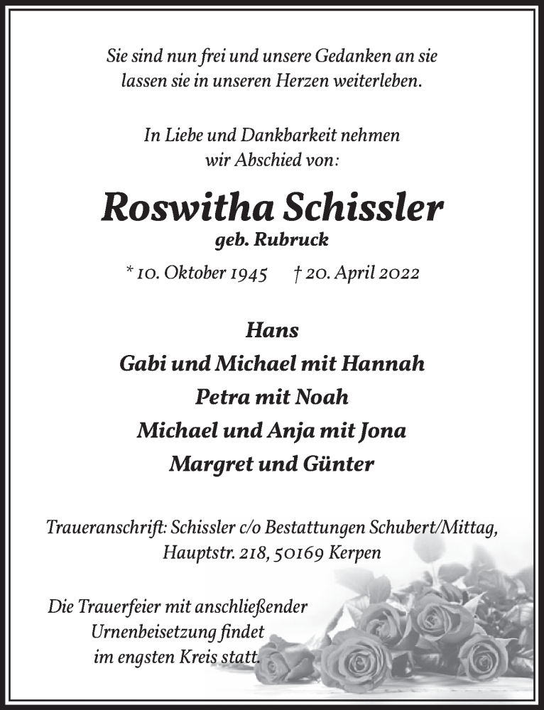 Traueranzeige für Roswitha Schissler vom 29.04.2022 aus  Werbepost 
